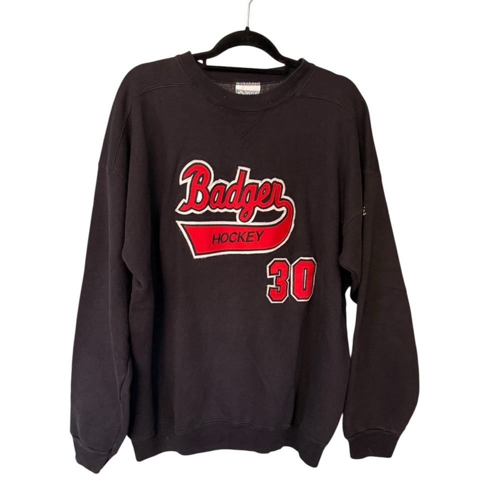 Vintage 90s Wisconsin Badgers Hockey Sweatshirt Black Red Crewneck XL USA Made